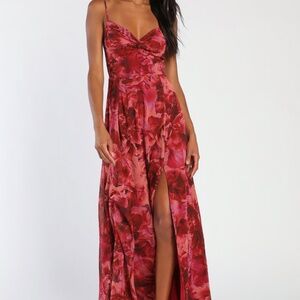Lulus Beautiful Soul Burgundy Floral Print Twist-front Maxi Dress Red - Size XL